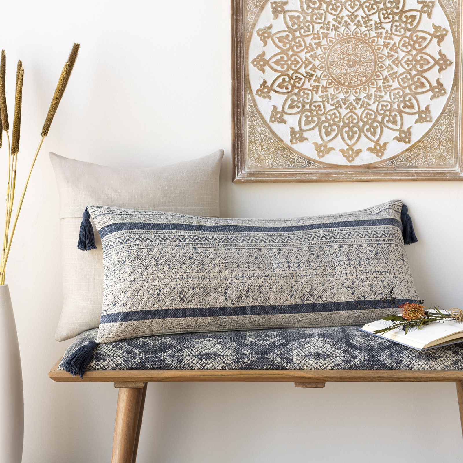 Zetta Tassels Cotton Lumbar Throw Pillow, Pillow Cover Only - No Insert, Beige/Denim