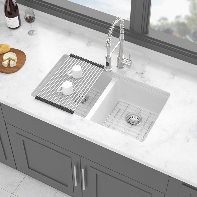White 33X19" Undermount Double Bowl  50/50  Quartz Kitchen Sink, Thick Composite, Smooth And Easy To Clean, Package With Installation Template Assembly Sink In Granite Quiet, Non - Porous, Rounded
