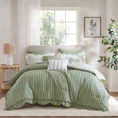 Ensemble d'édredon botanique réversible 5 pièces - Imprimé floral d'été avec bords festonnés, literie légère avec coussins décoratifs, grand, vert marché | Réversible, léger
