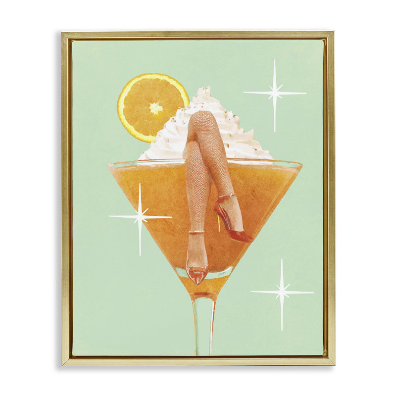 «Crossed Legs Cocktail», art par Lil 'Rue, H 31 po x l 25 po, Cadre flottant métallique doré