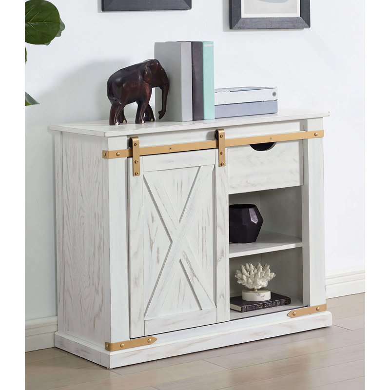 Table de canapé de style rustique avec tiroirs et tablettes ouvertes pour le salon, idéale pour le rangement et la présentation dans divers environnements