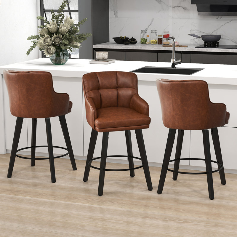 26''H Upholstered 360°Swivel Counter Height Bar Stools, Wood Legs Kitchen Island Chairs, Brown, 3