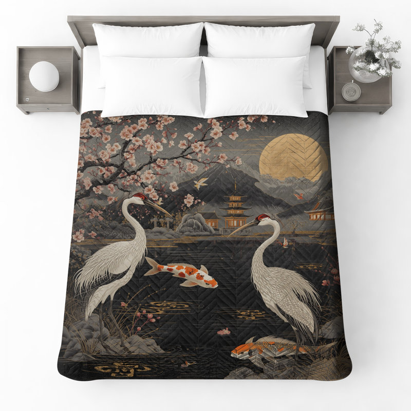 Couvre-lit matelassé Cherry Blossom Cranes toutes tailles, Lit simple