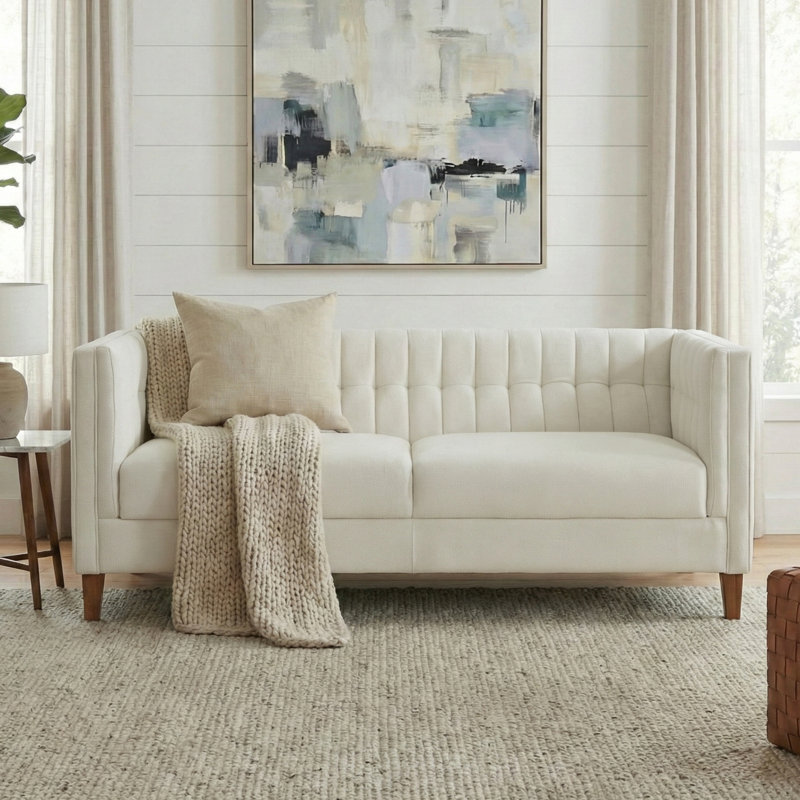 Harlow Mid-Century Modern Chenille Upholstered Sofa with Channel Tufting, Beige