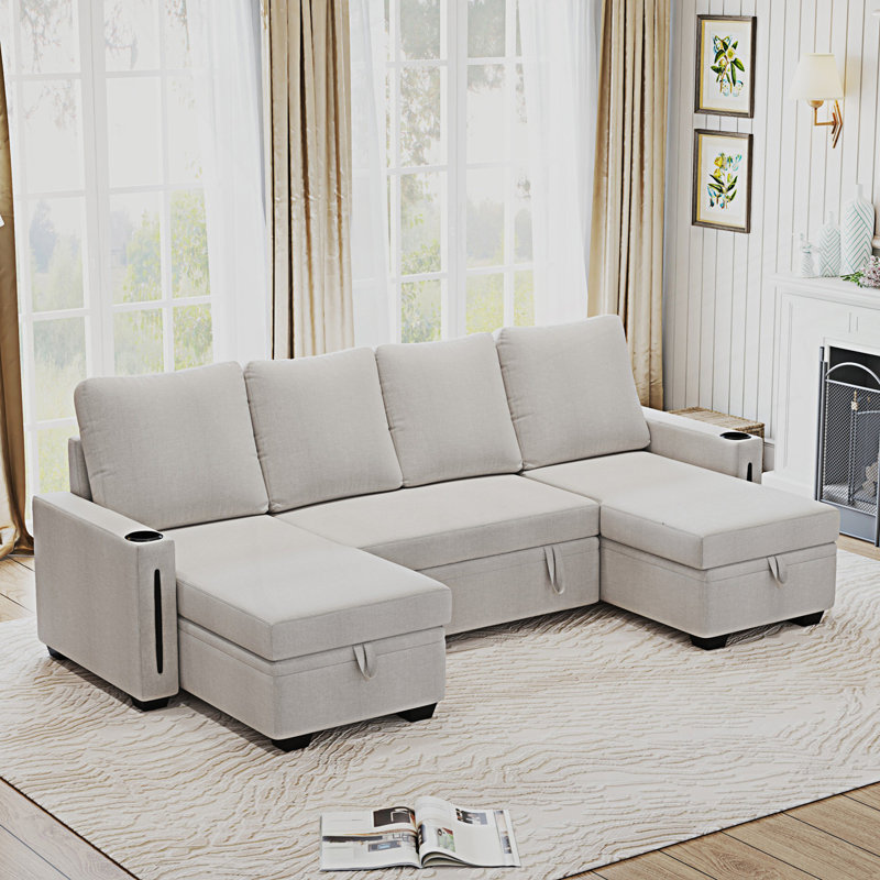 Canapé modulaire avec rangement, canapé modulaire en U, canapé modulaire convertible confortable, Lin beige