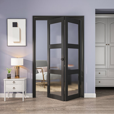 Porte de garde-robe pliante 36 po x 80 po noire (porte de garde-robe double 18 po x 80 po) 3 portes en verre trempé givré avec trousse de quincaillerie, portes pliantes intérieures pré-assemblées pour garde-manger / avec surface en PVC, qualité de fabrication solide et facile Installation