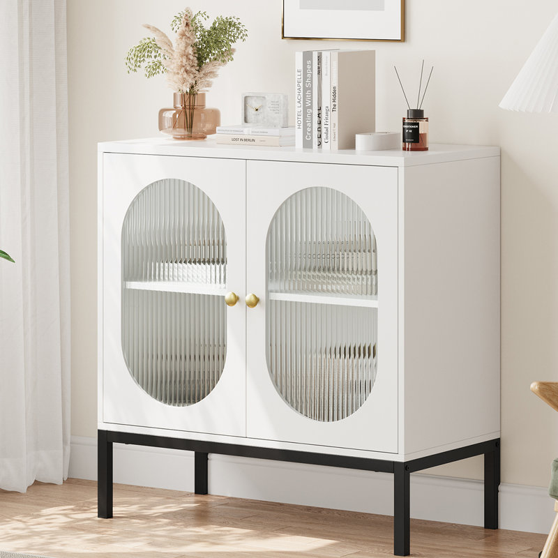 Buffet Anjonette, armoire de rangement avec portes en verre et tablettes, Blanc