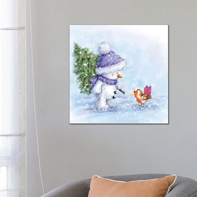 Snowman And Robin VII by MAKIKO - Wrapped Canvas Print