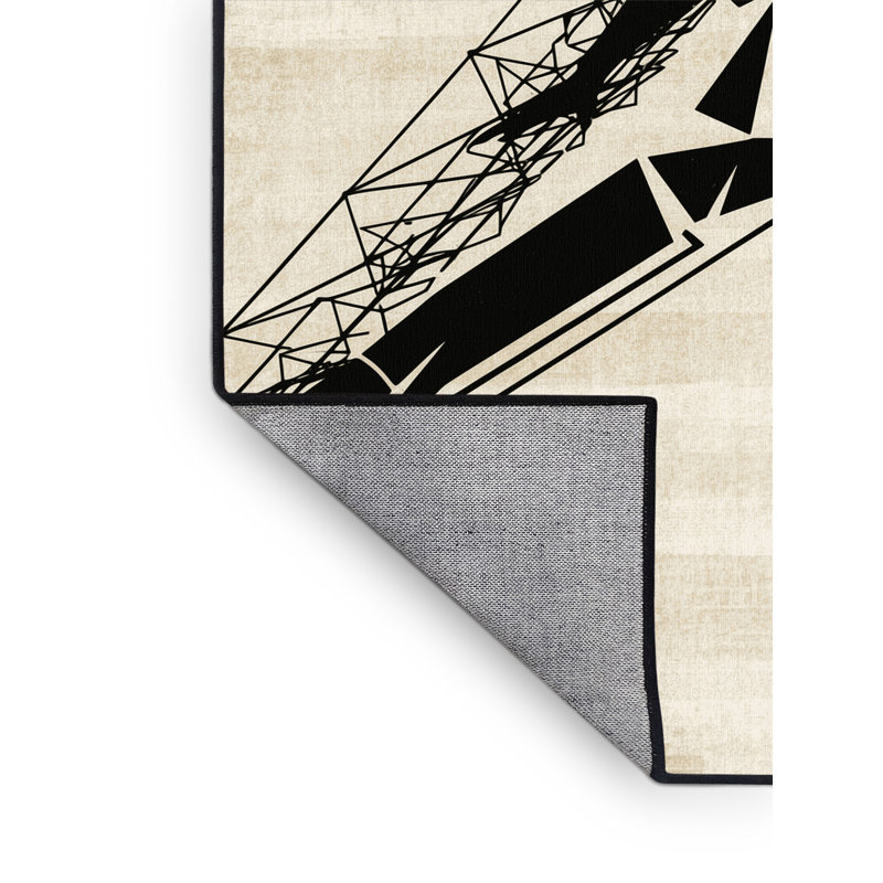 Machine Washable Cain Basketball Dunk Bold & Eclectic Modern Geometric Rug in Beige – Black Binding, 8x12