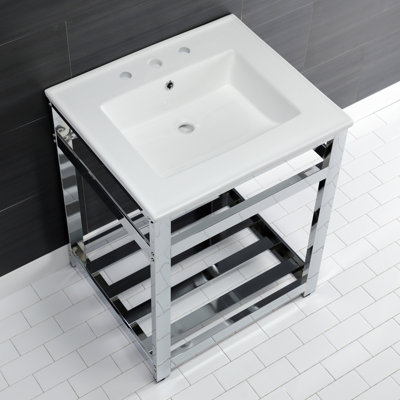 Kingston Brass Quadras 25-Inch Ceramic Console Sink with Stainless Steel Base and Shelf