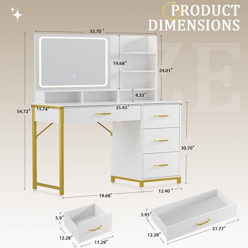 Vanity Desk with Mirror and Lights, Makeup Vanity Table with 4 Drawers & Storage Shelves, Large HD Mirror, 3 Color Modes & Adjustable Brightness, Modern Dressing Table for Bedroom