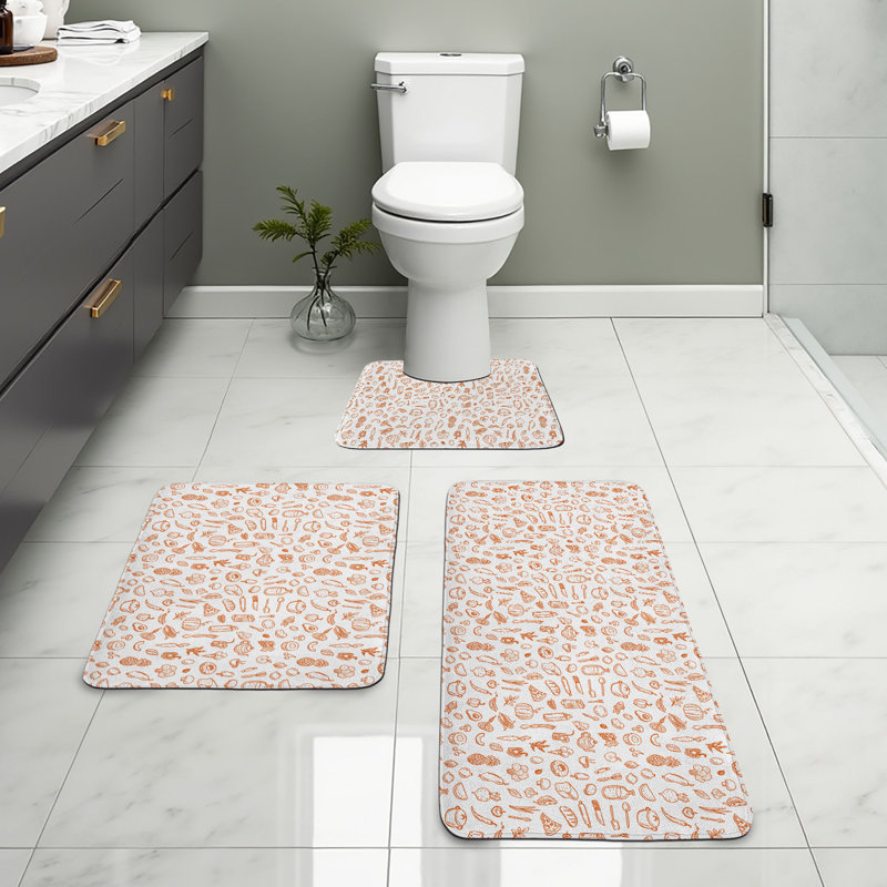  Food Art Bathroom Rug Set 3 Pieces U-Shape & Rectangle Mats Burnt Orange White
