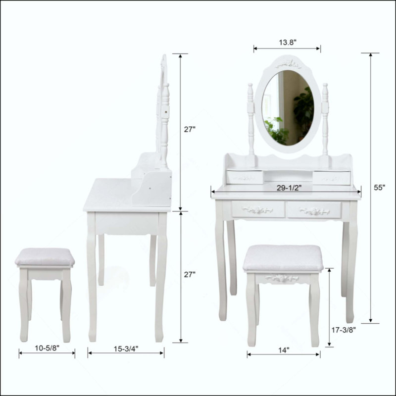 Ensemble de bureau de coiffeuse Princess avec miroir et tabouret rembourré, coiffeuse en bois à 4 tiroirs, coiffeuse, White