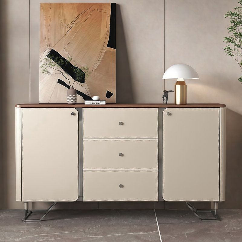 Buffet moderne en cuir avec rangement, Noyer / beige abricot / argent