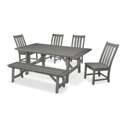 Vineyard 6-Piece Rustic Farmhouse Side Chair Dining Set with Bench in by POLYWOOD