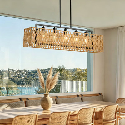 Rattan Chandelier For Dining Room, 40 Inch Boho Linear Rectangle Light Fixture, 5-Light V-Shaped Woven Pendant Lighting For Kitchen Island, Handcrafted Natural Wicker With Black Metal Frame