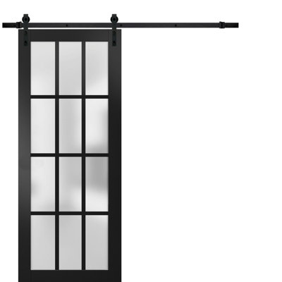 Porte de grange robuste à 12 carreaux en verre dépoli Felicia 3312, rail noir mat de 2 m (6,6 pi), quincaillerie robuste, porte intérieure à panneau plein de 71 cm x 203 cm (28 po x 80 po), rail noir