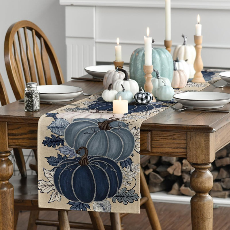Blue Porcelain Pumpkin Ink 210 GSM Fall Table Runner, Seasonal Autumn Kitchen Dining Table Decoration For Home Party Decor 13X108 Inch