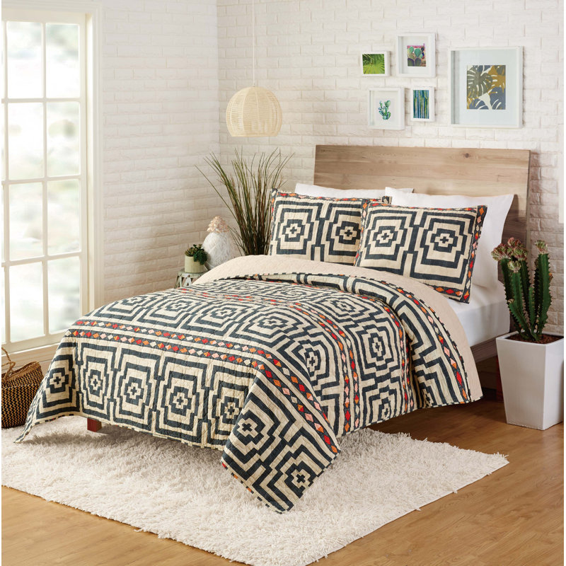 Hypnotic 100% Cotton Boho Lightweight Quilt Set, King Quilt + 2 Shams, Dark Gray/Natural