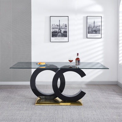 Table de salle à manger en verre trempé avec support central en panneau de fibres à densité moyenne blanc et base en acier inoxydable pour un design moderne