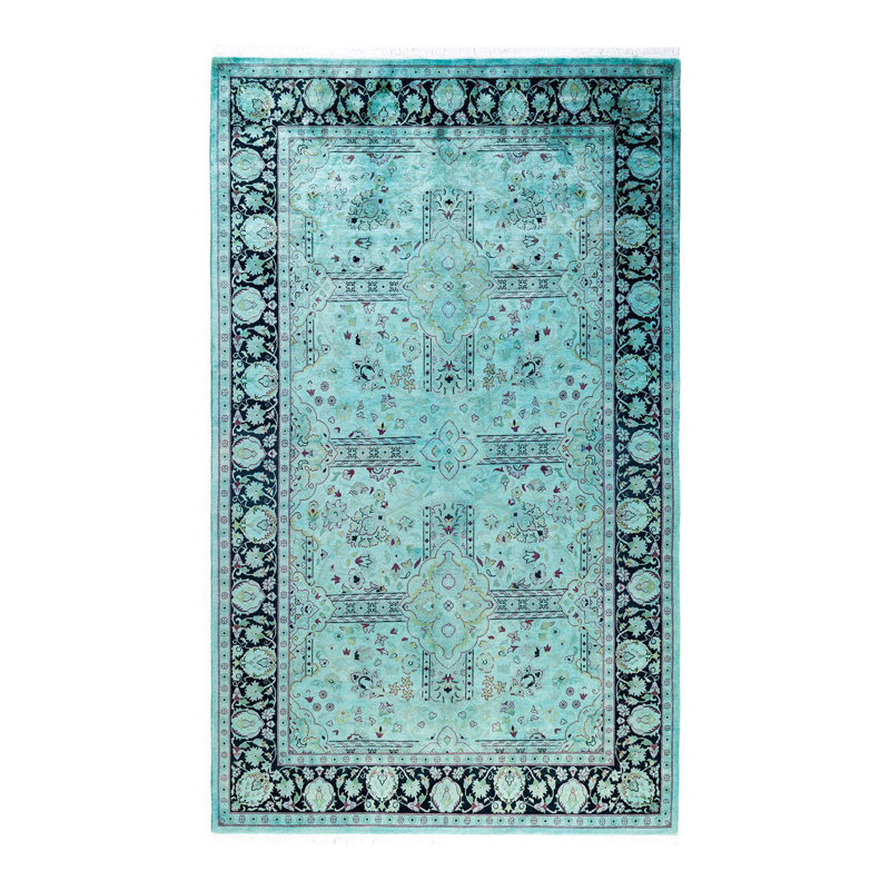 Tapis unique noué à la main Fine Vibrance - bleu, 4 pi 8 po x 7 pi 5 po