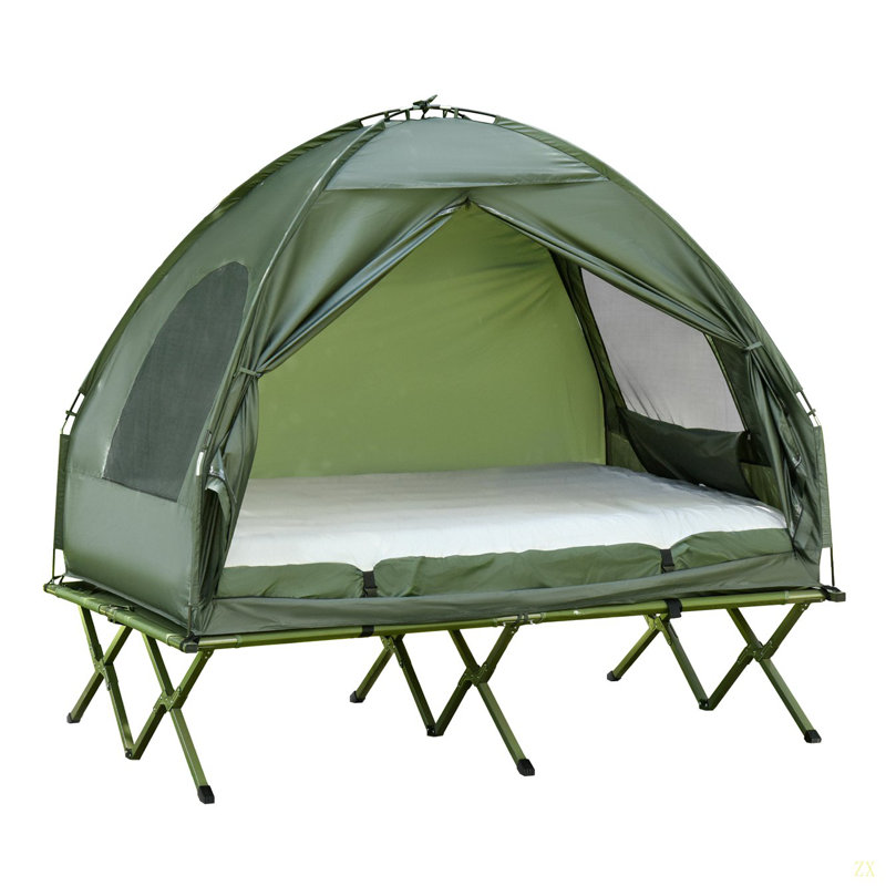 Lit de camp pliable pour 2 personnes avec tente, couvre-lit et matelas gonflable épais Outsunny