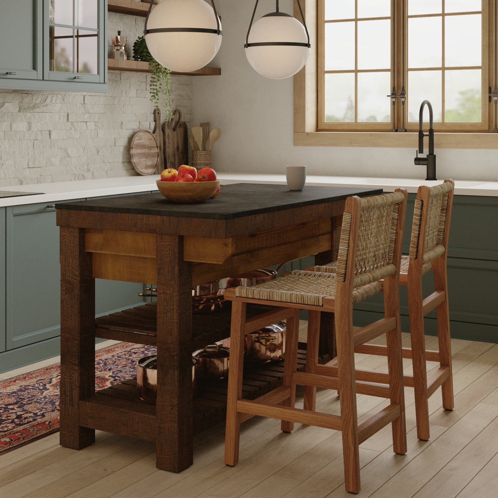Quartz Top Kitchen Island, Brown / Veined Black