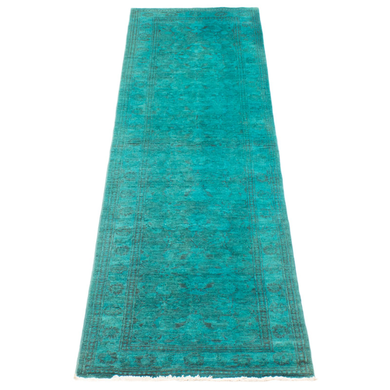 Tapis bleu sarcelle noué à la main de conception unique 2 pi 8 po x 9 pi 3 po