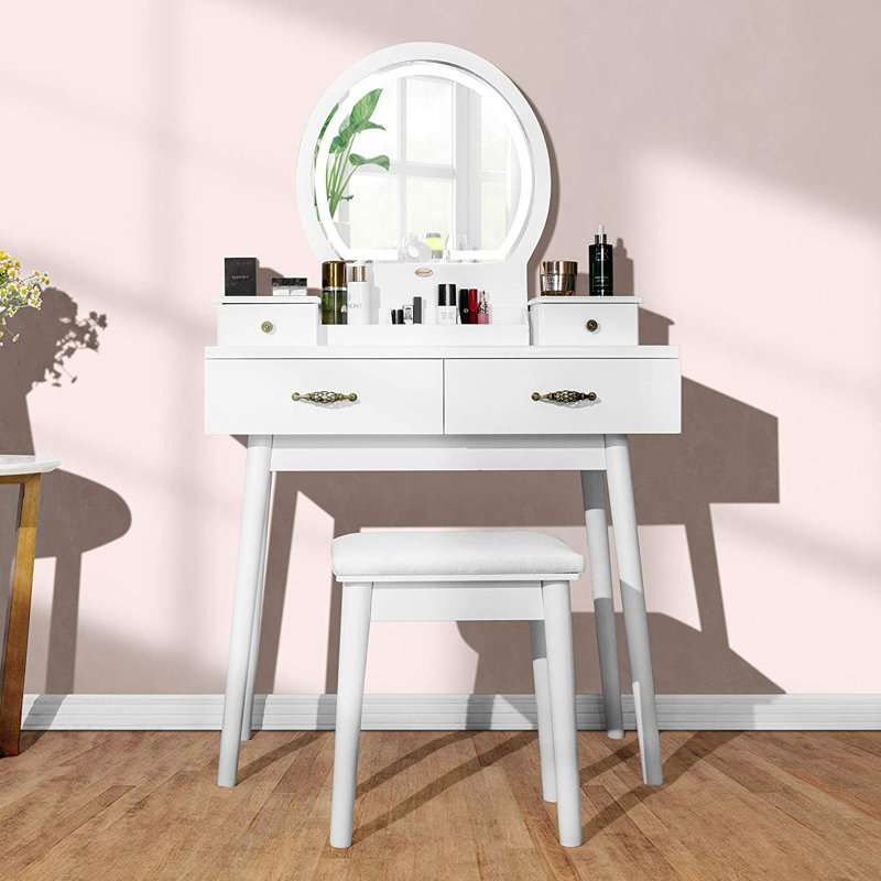 Gaisa White Vanity Set with Lighted Mirror, Makeup Dressing Table and Padded Stool, White