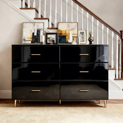 High Glossy Dresser With Gold Handles & Legs – Modern 6-Drawer Chest, 47" Double Dresser For Bedroom Storage, Glam White And Gold Furniture Organizer, Elegant Modern Bedroom Dresser For Clothes & Accessories