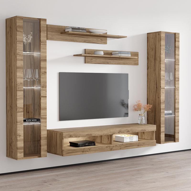 100" Modern Floating Wall Mounted Entertainment Center with 16-Color LED Lighting, High Gloss Finish, Oak