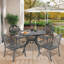 Ensemble de salle à manger de patio 5 pièces, table ronde de 100 cm avec trou pour parasol et 4 chaises empilables avec coussins bruns