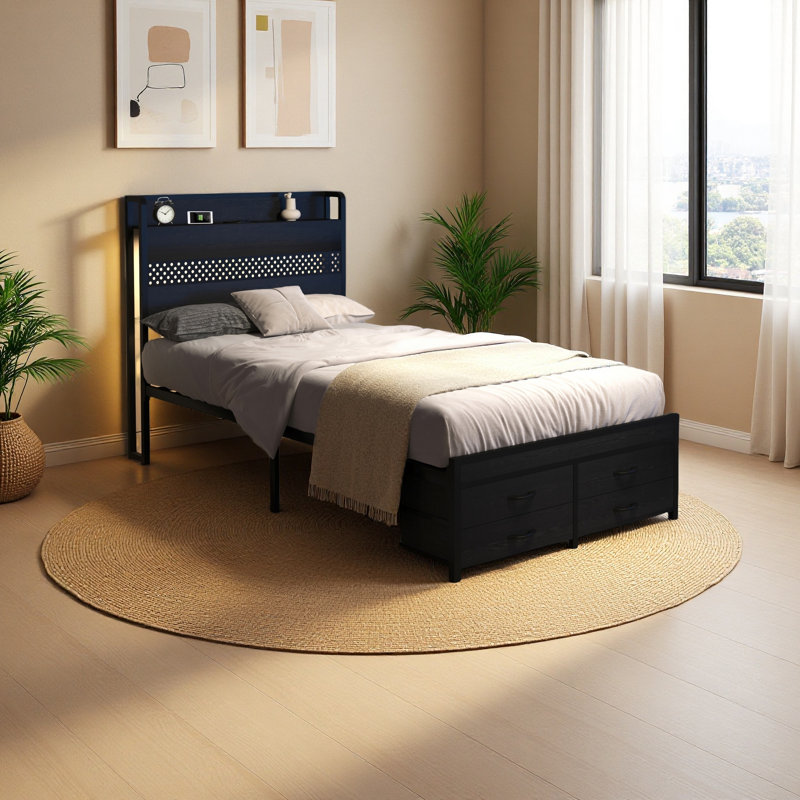 Twin Bed Frames With Headboard, Twin Size Bed Frames With Storage Drawers, Twin Bed, Black Metal Platform Bed Frame, Single Bed Frame, No Box Spring Needed