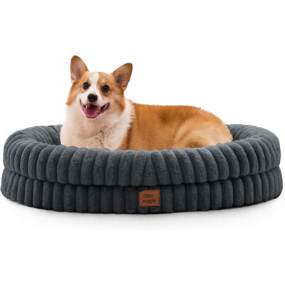 Dog Bed Large Sized Dog - Luxury Striped Faux Fur Waterproof Pet Couch With Removable Washable Cover, Orthopedic Pet Bed With Bolster Sides For Sleeping, Dark Grey