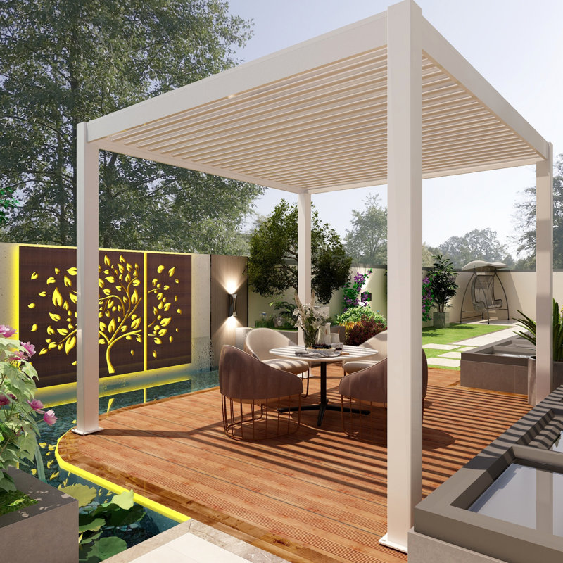 White Motorized Aluminum Pergola with LED Lighting, 19' x 13'