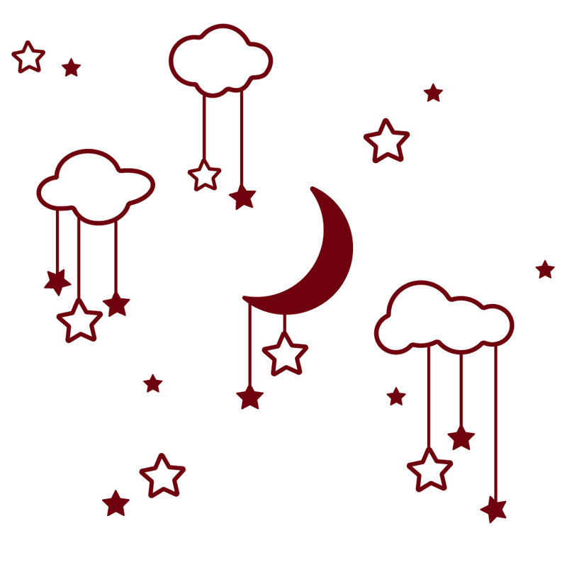 Décalcomanie murale étoiles et nuages lune, Bourgogne, H 22 po x l 24 po x P 0,01 po