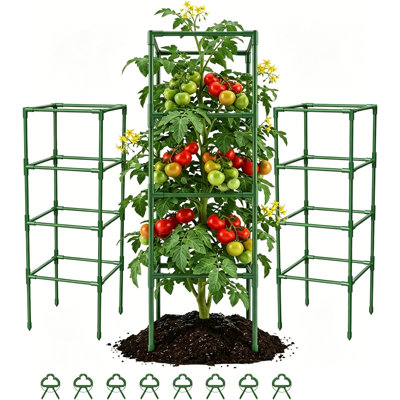 Support à tomates 3 pièces avec pinces, cage à plante carrée de 43,3 po de hauteur et hauteur réglable