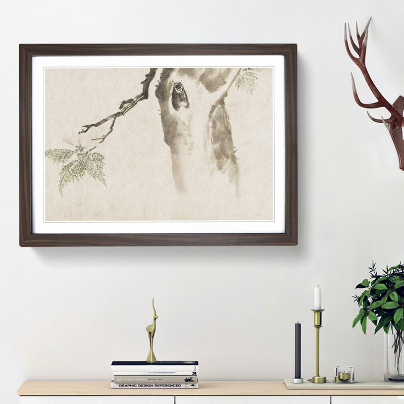 Moth upon a Tree by Kawanabe Kyosai - Picture Frame Painting Print, Walnut Framed, 27cm H x 36cm W x 2cm D
