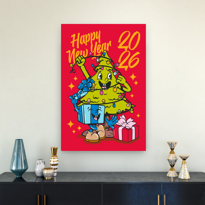 «Happy New Year Tree», rétro, arbre de Noël abstrait, paysage, impression d'art mural, 36" H x 24" W