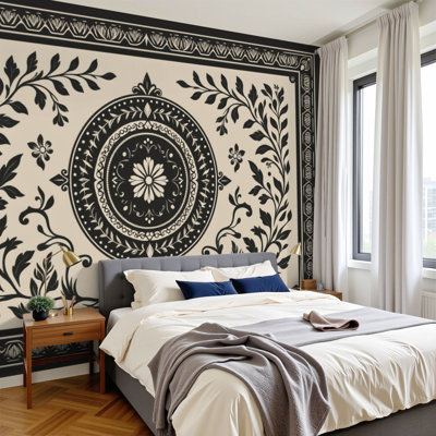 Peel and Stick Wallpaper 144" W x 100" H Modern Self Adhesive Wall Mural for Bedroom Black White Ornate Floral Central Mandala Design