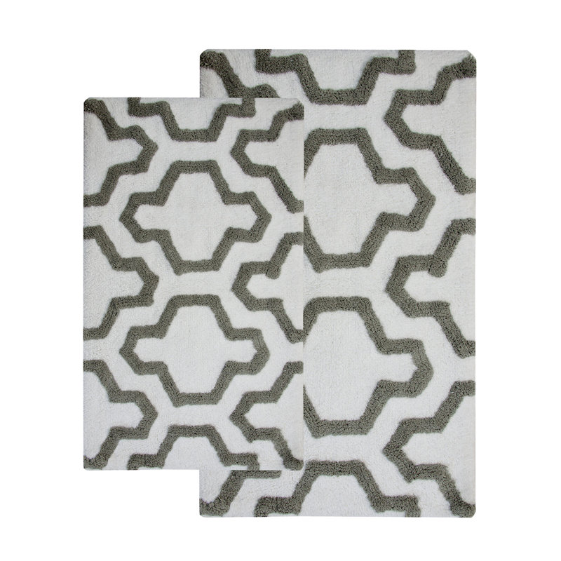 White and Gray Cotton Geometric Bath Rug Set