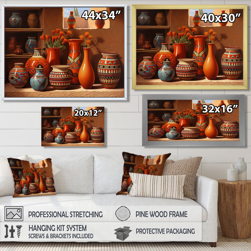 Mexican Terracotta Vases Orange Flowers - Window Framed Canvas Print, Gold Floater Framed, 12" H x 20" W x 1" D