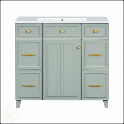 Meuble-lavabo vert 36 po avec lavabo en céramique, cadre en bois massif, portes à fermeture en douceur et nombreuses solutions de rangement