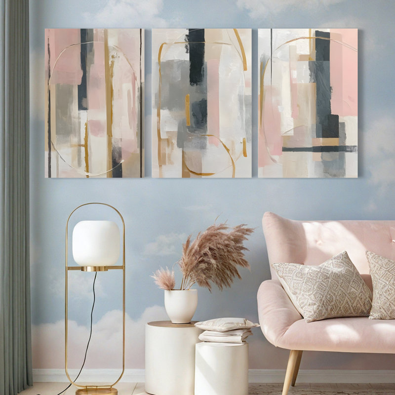 Abstrait géométrique sur toile tendue, reproduction de peinture à l'huile moderne (ensemble de 3), H 30 po x l 60 po