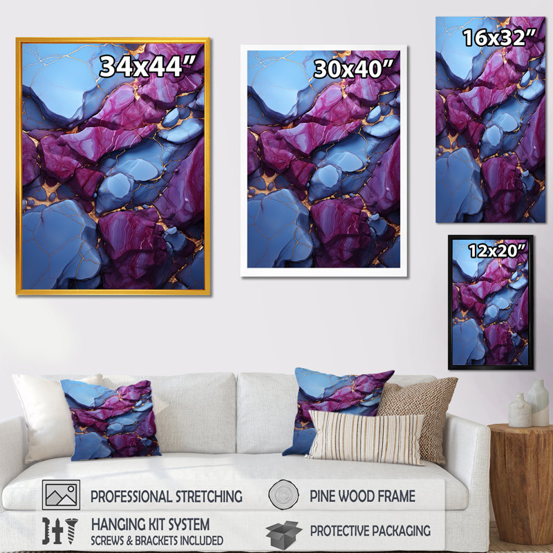 Volcan de marbre bleu et mauve sans soudure II - décoration murale abstraite, Cadre simple noir, H 32 po x l 16 po x P 1 po