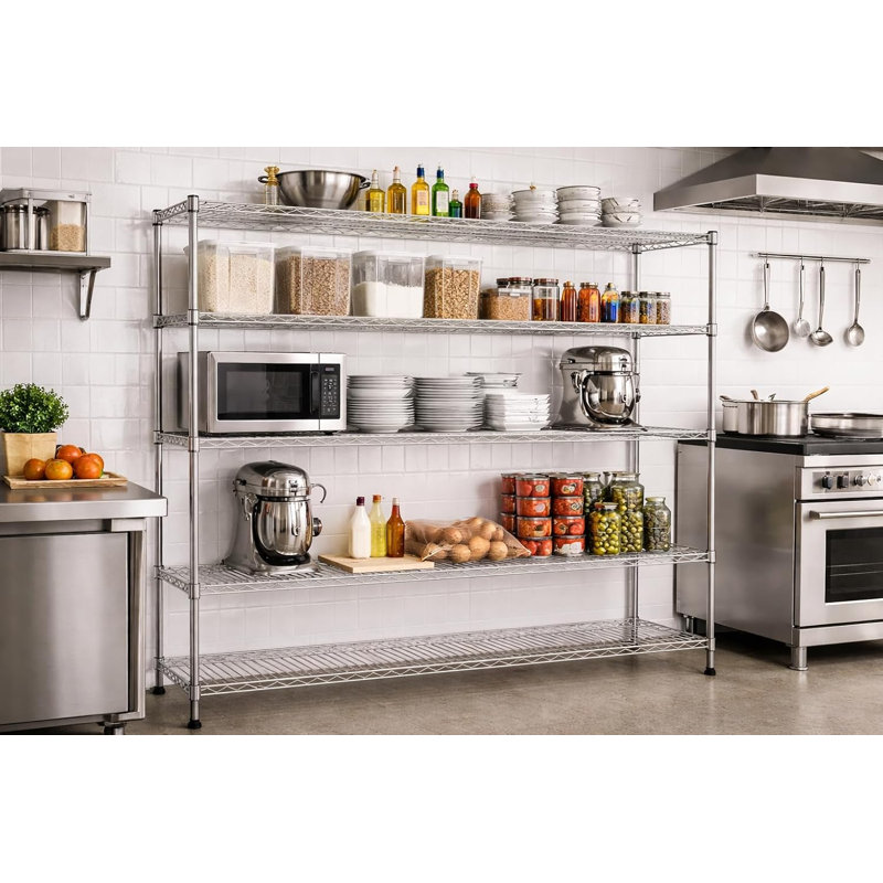 Étagère à quatre niveaux en fil métallique chromé Express KitchQuip, 183 cm (L) x 46 cm (P) x 188 cm (H), certifiée NSF