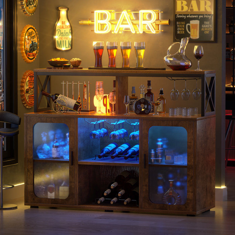 Asrf 47'' Wine Bar,Storage Buffet Cabinet Coffee Bar Cabinet For Liquor,Wine Cabinet With Racks with LEDs, Brown