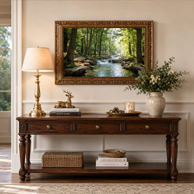Sunlit Forest Stream With Rocks And Green Trees Canvas Wall Art