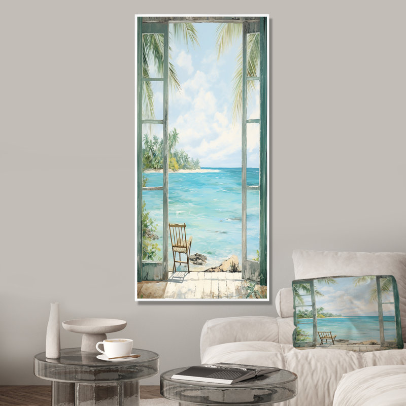 Windows at the beach II - Coastal Windows, reproduction d'art encadrée, Cadre flottant blanc, 40" H x 30" W
