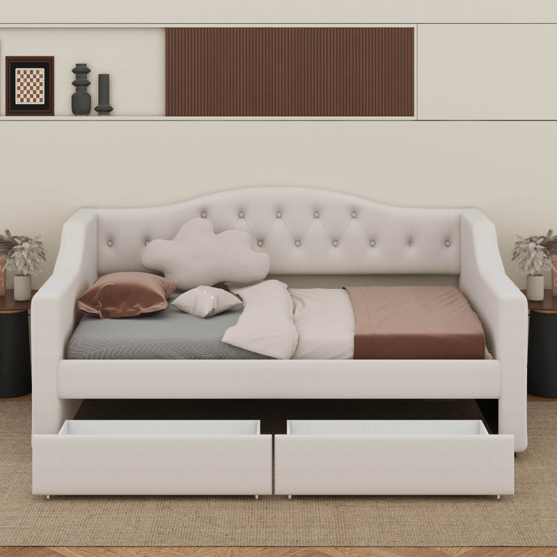 Upholstered Linen Daybed with Trundle Bed, Twin XL, Beige